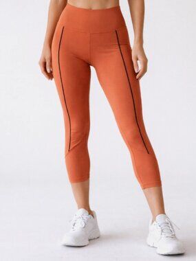 ZYIA Active Leggings Womens 12 Burnt Orange Premium 7/8 Ribbed Black Stripe
